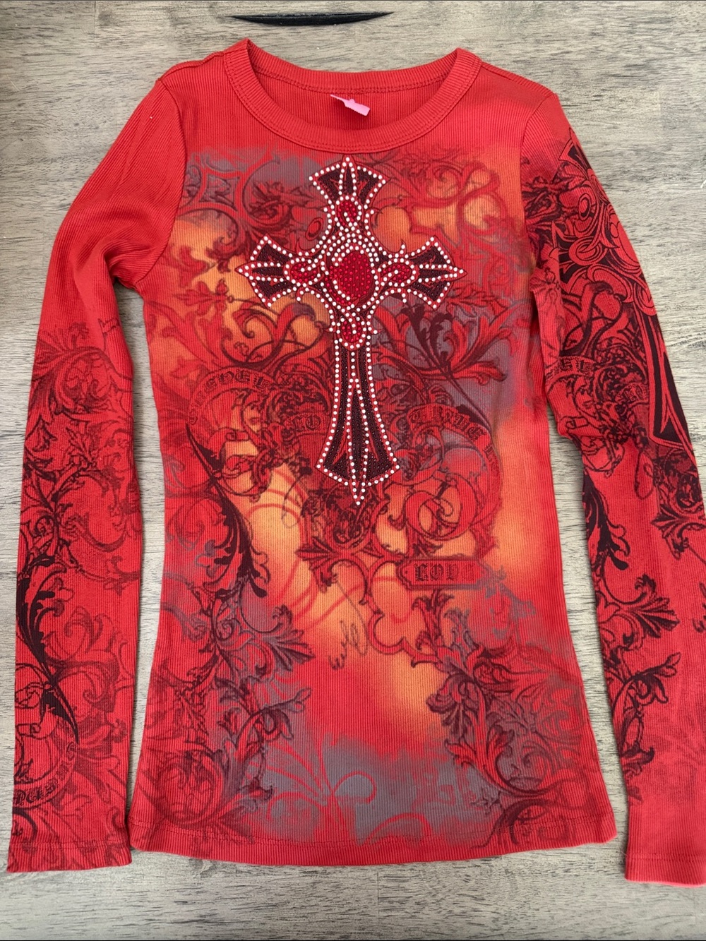NWOT Vocal Apparel women’s crystal rust cross bling long sleeve shirt m medium